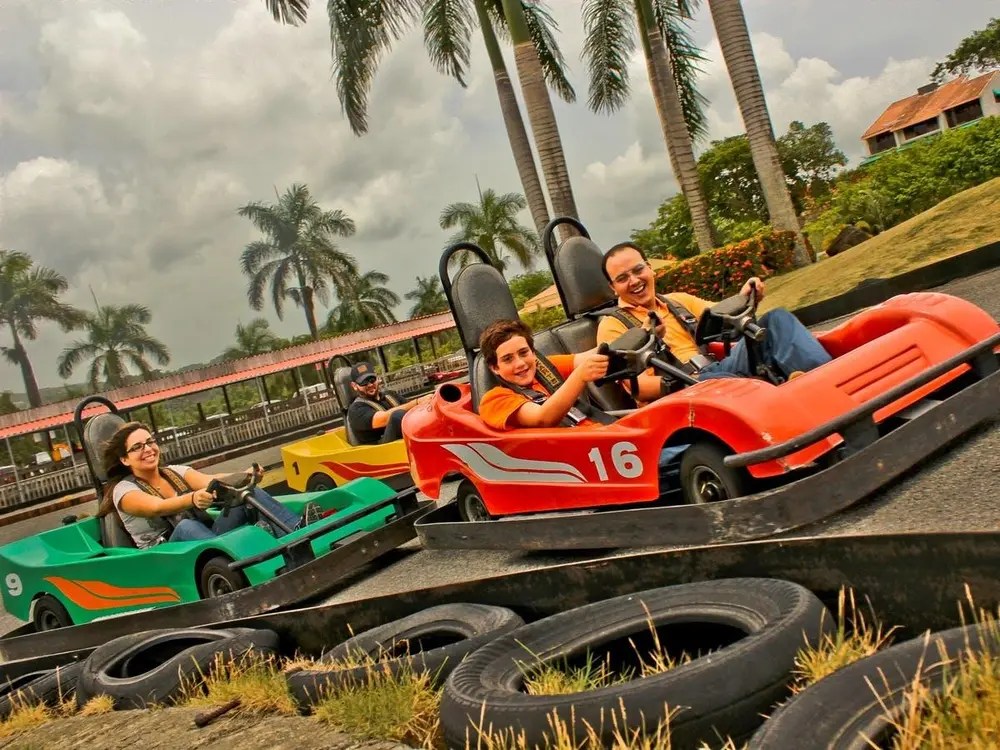 People enjoying go-kart racing on a track with palm trees in the background.
