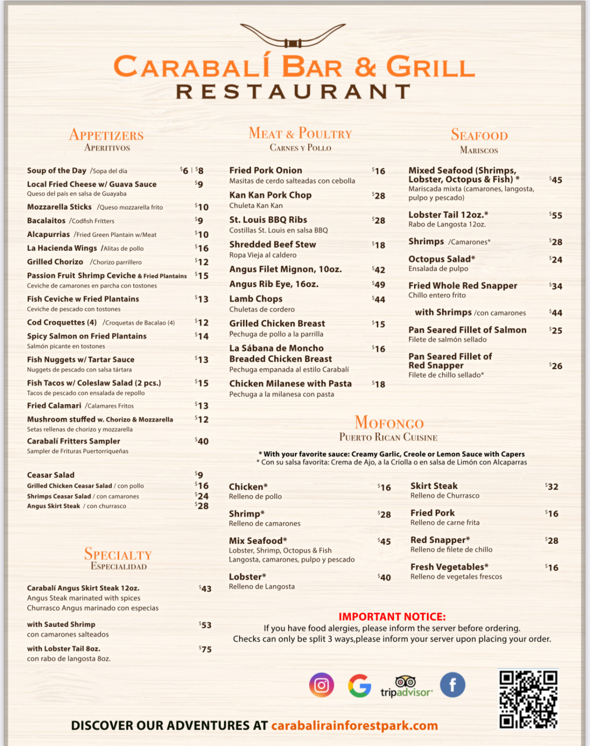 Menu of Carabalí Bar & Grill featuring appetizers, meat, seafood, mofongo, and specials with pricing.